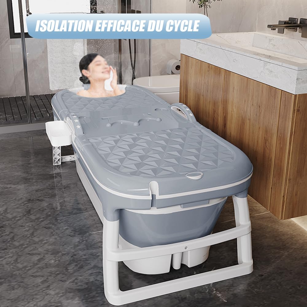 Baignoire pliable pour adulte XXL 118 * 60 * 53cm, Baignoire portable pliable avec couvercle, repose-tête et rouleau de massage, baignoire pliable pour salle de bains (GRIS)