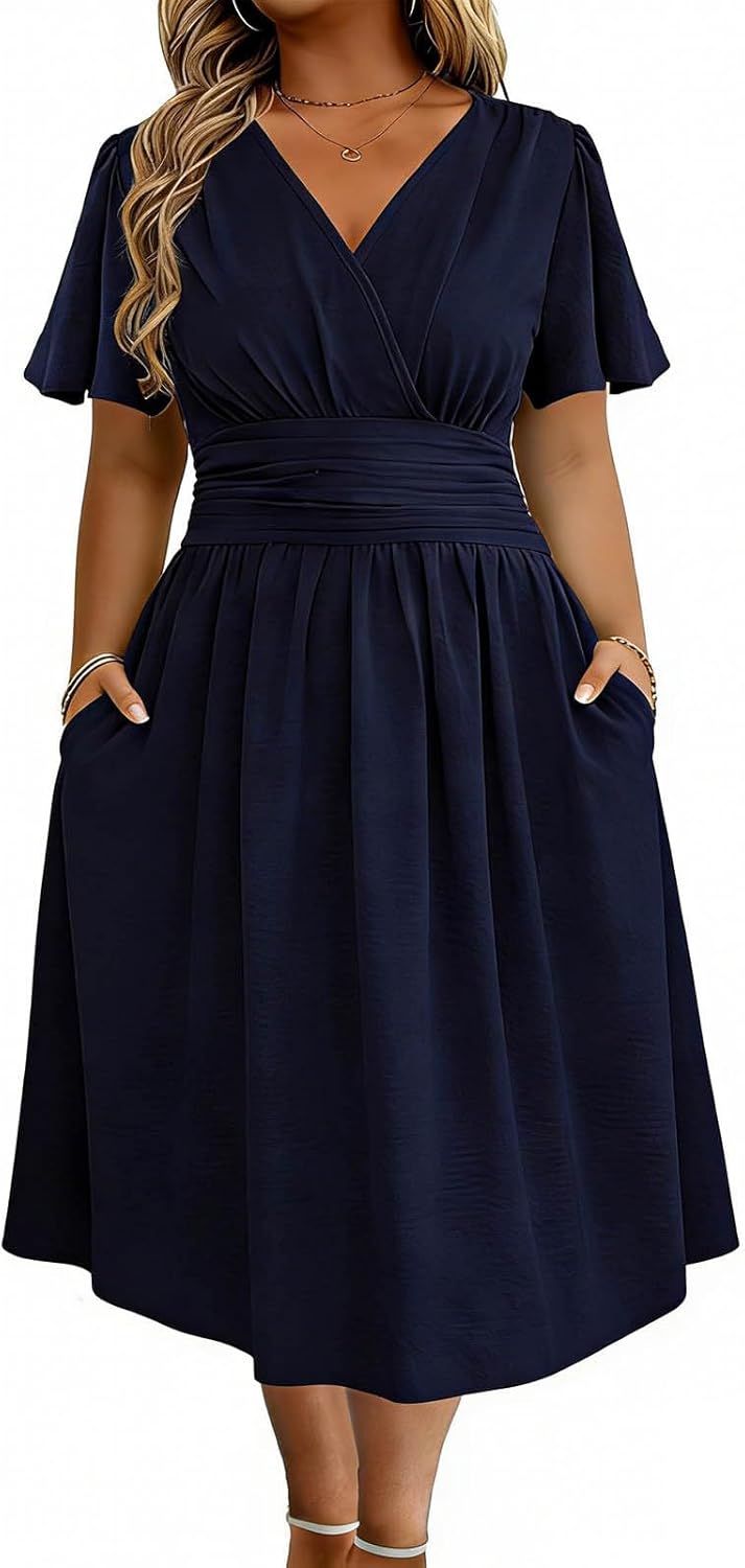 Women's Wrap V Neck Short Flared Sleeve Wedding Guest Dress Smocked Elastic Waist Belted Mini Dress with Pockets