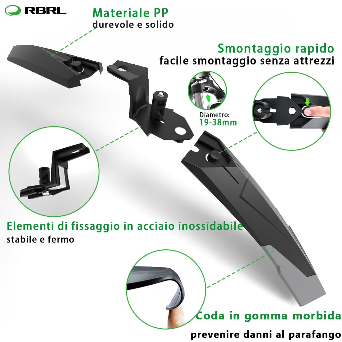 RBRL Parafango Bici, Parafanghi Bici Regolabile a Sgancio Rapido, Parafanghi MTB Adatto per Mountain Bike/E-Bike da 24-29 Pollici