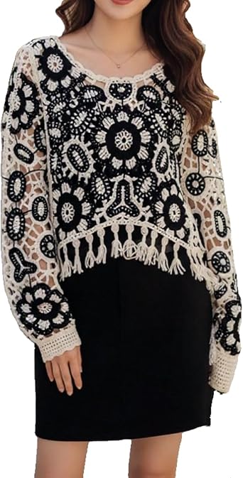 LX7 Womens Bohemian Crochet Shrug, Openwork Wrap with Tassel Trim, Summer Beach Semi Sheer Cover Up Top for Travel