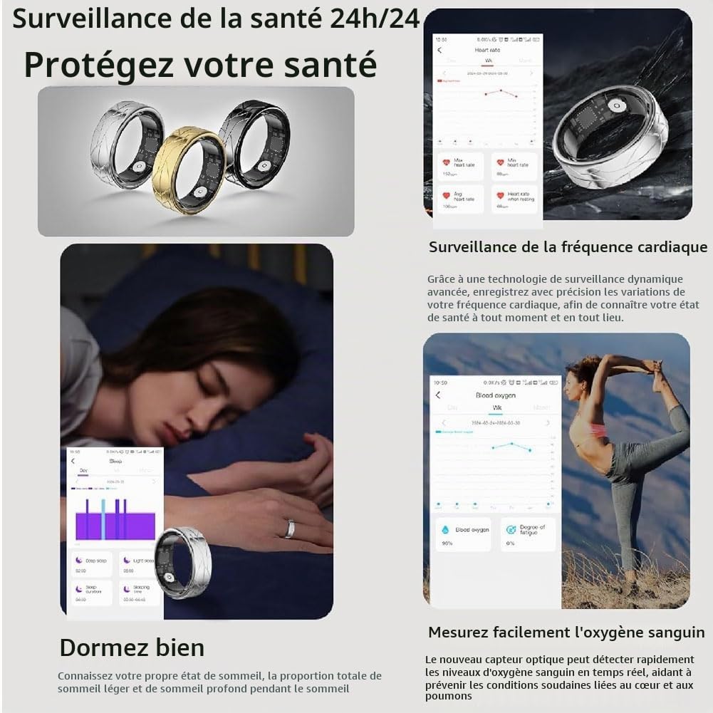 Bagues Connectées pour Femmes et Hommes, Bague Connectée avec Boîtier de Recharge, Surveillance du Rythme Cardiaque et du Sommeil Commande Gestuelle étanche Jusqu'à 5 ATM Gold 10#