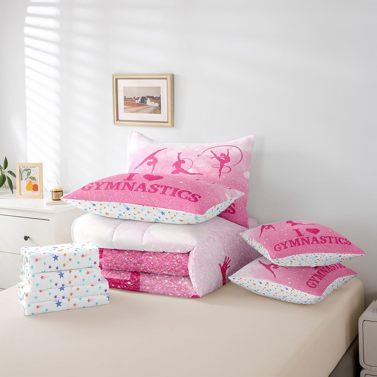 Gymnastics Lovers Bed in a Bag Comforter Set,Gymnast Beauty Silhouette Full Size 7 Pieces for Kids Girls,Pink Glittering Print Bedding Set with Comforter, Sheet Set, Pillowcases, Pillow Covers