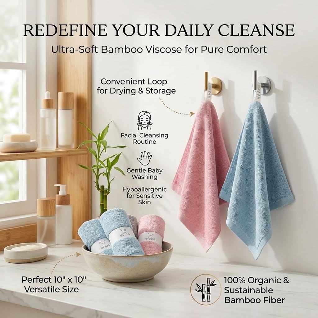 elves Bamboo Viscose Face Cloth – Soft Washcloths for Baby & Adult Sensitive Skin- Organic Wash Clothes 10” x 10” – Reusable Makeup Remover Face Towel – Set of 6 (Grey)