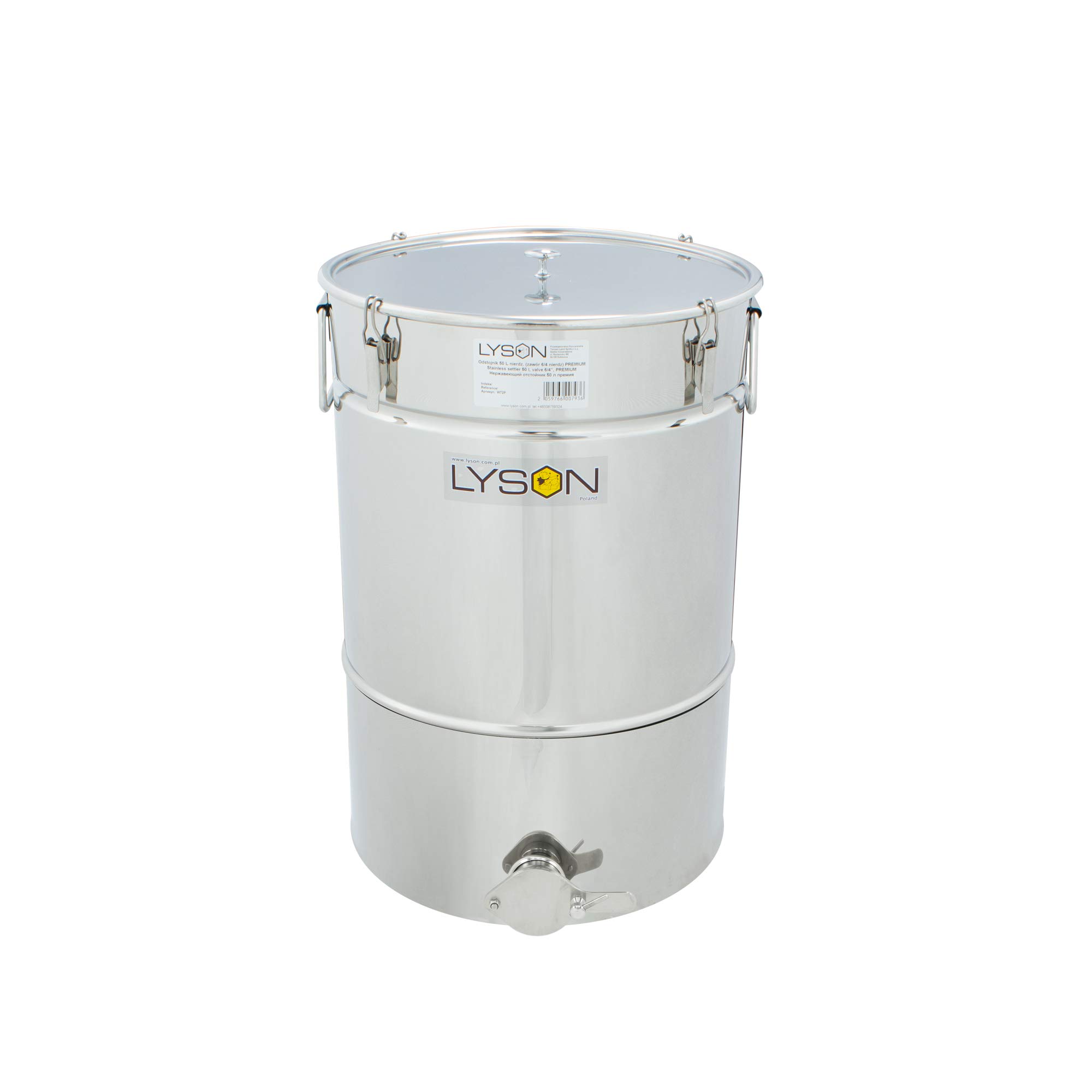 LYSON Honigabfüller Honigeimer Abfüllkübel Abfüllbehälter 50l (ca. 70 kg) für Honig mit konischem Boden Abdeckung Dichtung und Klammern aus Edelstahl TYPE (304)