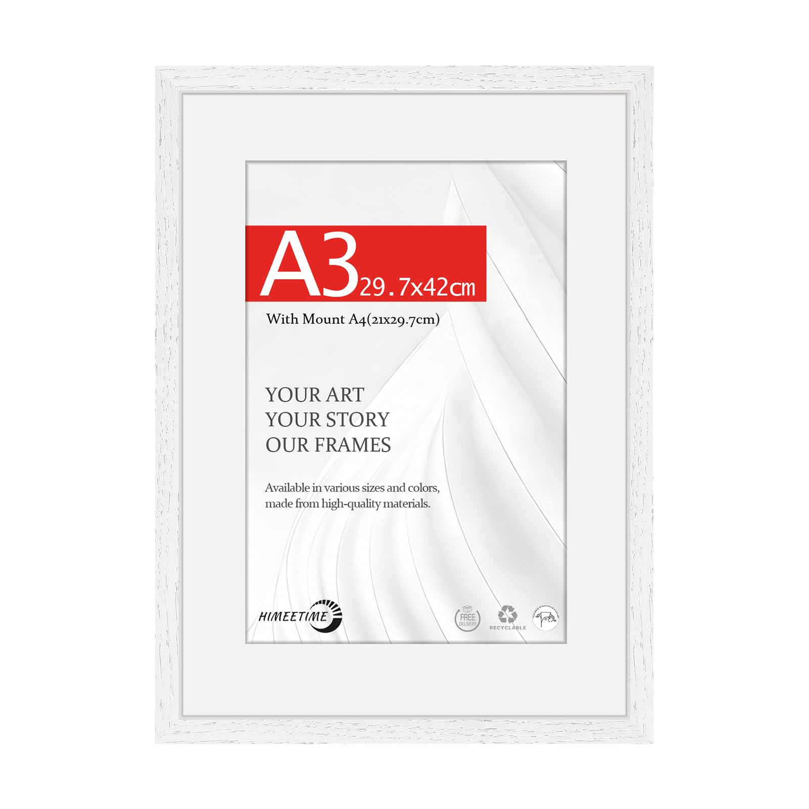 HIMEETIME® 1x Picture Frames DIN A3 29.7x42 cm – White Obeche Wood,Includes 21x30 cm Mat,Certificate Frame 30x42 cm with Shatterproof Acrylic Glass,Solid Wood Poster Frame