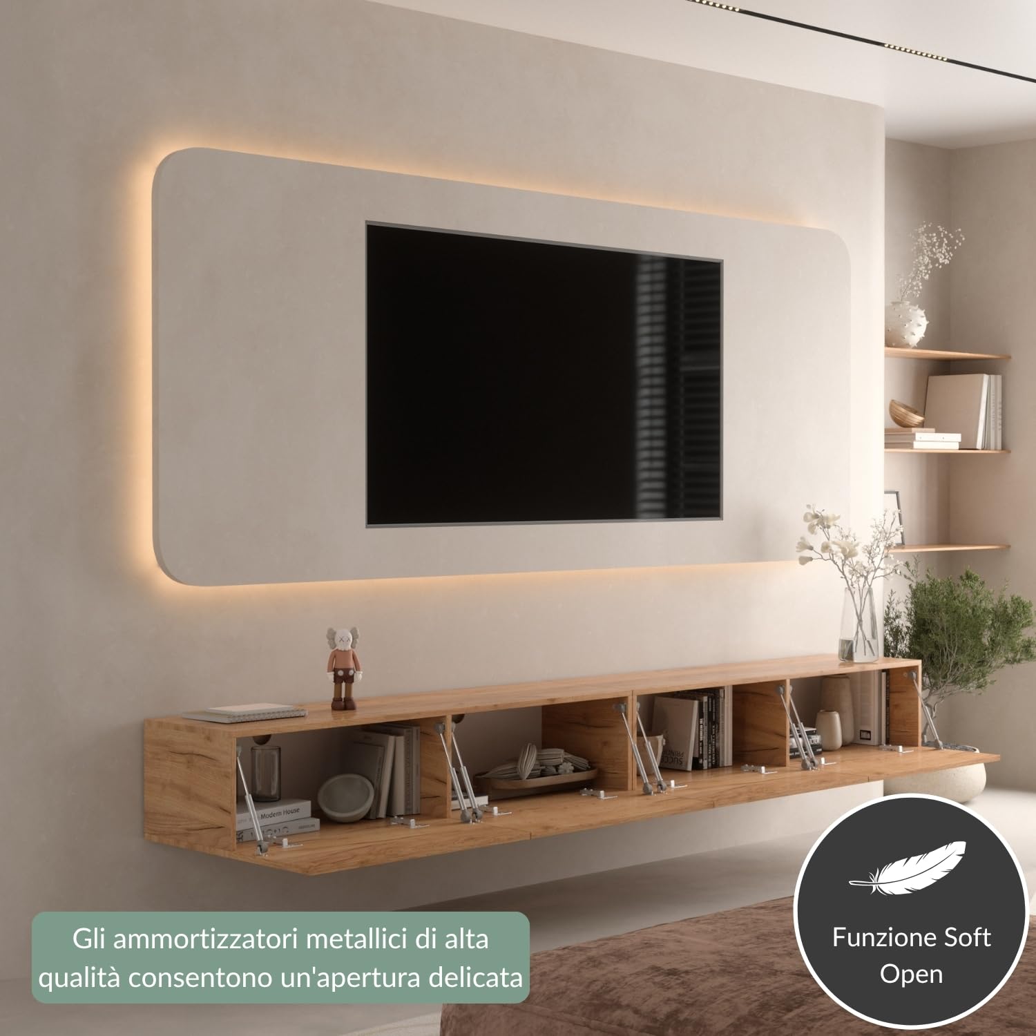 Planetmöbel Mobile TV West, porta TV lungo 280 cm, mobiletto TV sospeso o da appoggio, mobile TV per soggiorno, 2X mobile porta TV 37,8 x 140 x 30 cm, rovere dorato
