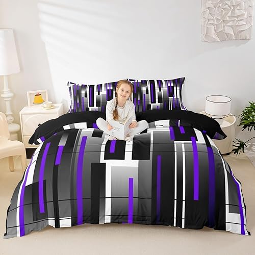 Funda de edredón abstracta de color negro y morado, tamaño Queen, funda de edredón de geometría moderna con 2 fundas de almohada para adolescentes,