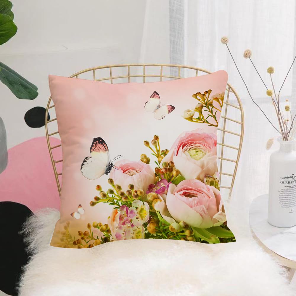 HYMSXW Cushion Cover,Throw Pillow Case Home Decorative for Living Room Bedroom Sofa Chair 20X20 Inch,Gentle bouquet from pink roses and butterfly,Pillowcase 50X50cm