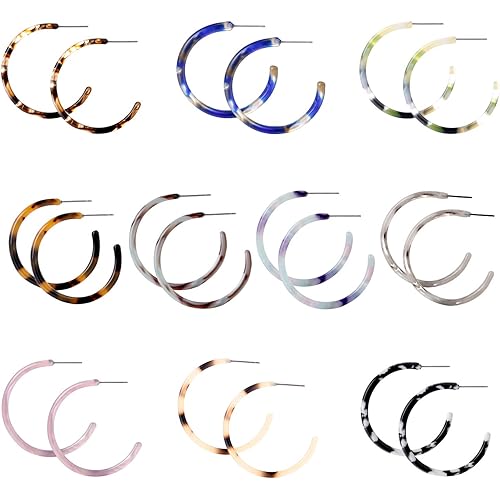 6-12 Pairs Leopard Hoop Earings Lightweight - Bohemia Statement Hoops Acrylic Resin Round Circle Stud Earring Set - Drop Dangle Ecetate Earrings Green Pink Red for Women