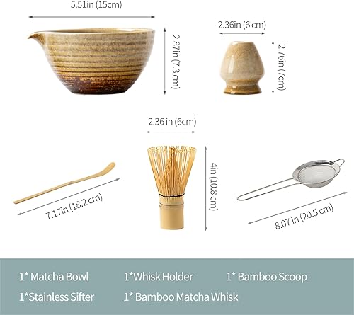 Miniatura 4 de Juego tradicional de ceremonia de té Matcha con cuenco de cerámica, batidor de bambú, soporte y colador, 5 piezas (amarillo)
