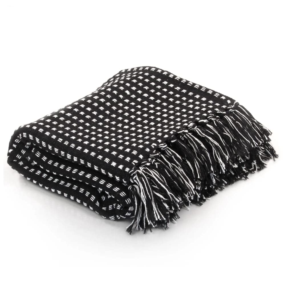 Plaid de algodón negro 220 x 250 cm con borlas | Lavable a máquina a 40 °C, tacto suave, sofá y cama, diseño moderno