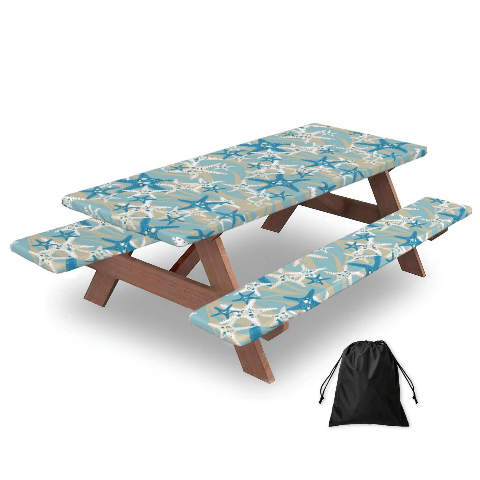 Yqxwjl Black Beautiful Starfish Print Camping Essentials Waterproof Camping Table And Bench Cover With Drawstring Bag 183 Cm