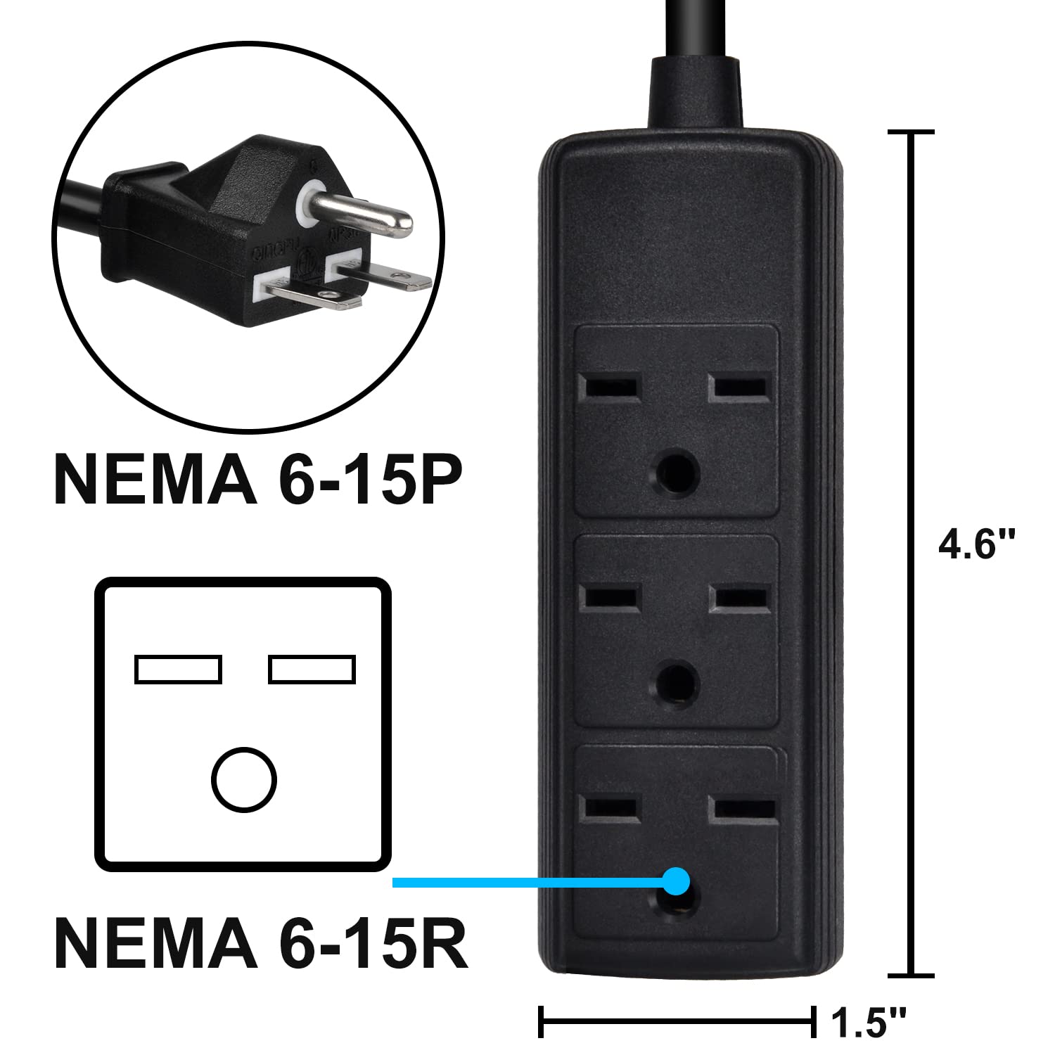 Listwa zasilająca, 14 AWG NEMA 6-15P 10 stóp długości, trwały przedłużacz zasilania 240 V, 3 gniazda zasilania