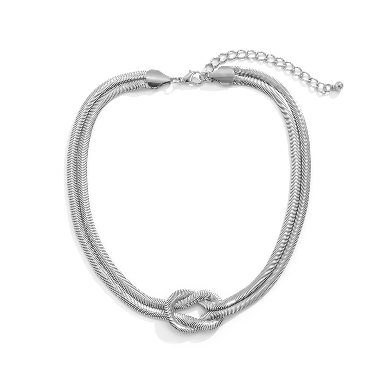 Punk Double Layer Snake Chain Choker Necklace Silver Knot Herringbone Chain Necklace Hip Hop Chunky Necklaces for Women