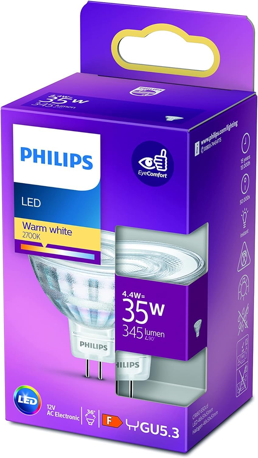 PHILIPS LED GU5.3 Lampe, 4.4 W, Reflektor, silber, 36° drehbar, warmweiß