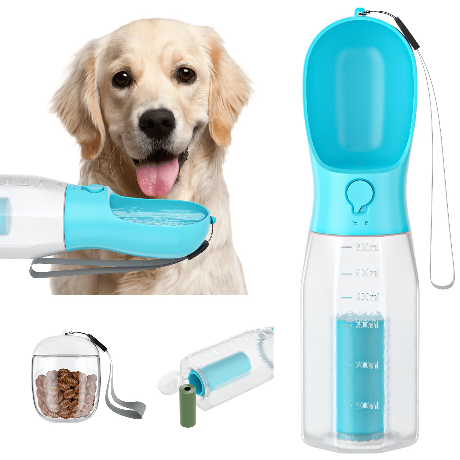 Portable Dog Water Bottle - 3-in-1 Design with Treat Container, Waste Bag Dispenser - BPA Free & Dishwasher Safe - Ideal for Travel, Outdoor Walking - for Small, Medium, Large Dogs - 20oz Blue