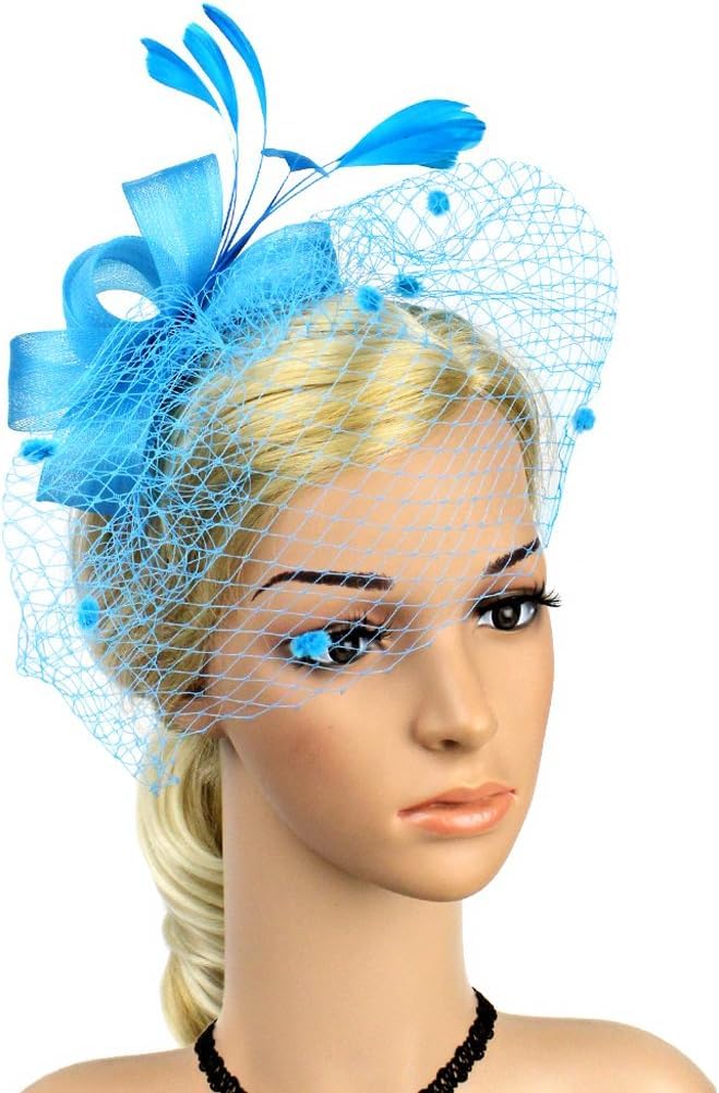 GenericWomens Elegant Feather Veil Fascinator Bowler Hat Tea Party Hat Wedding Fancy Dress Ball Costume Pillbox Hat Headpiece Hair Clip