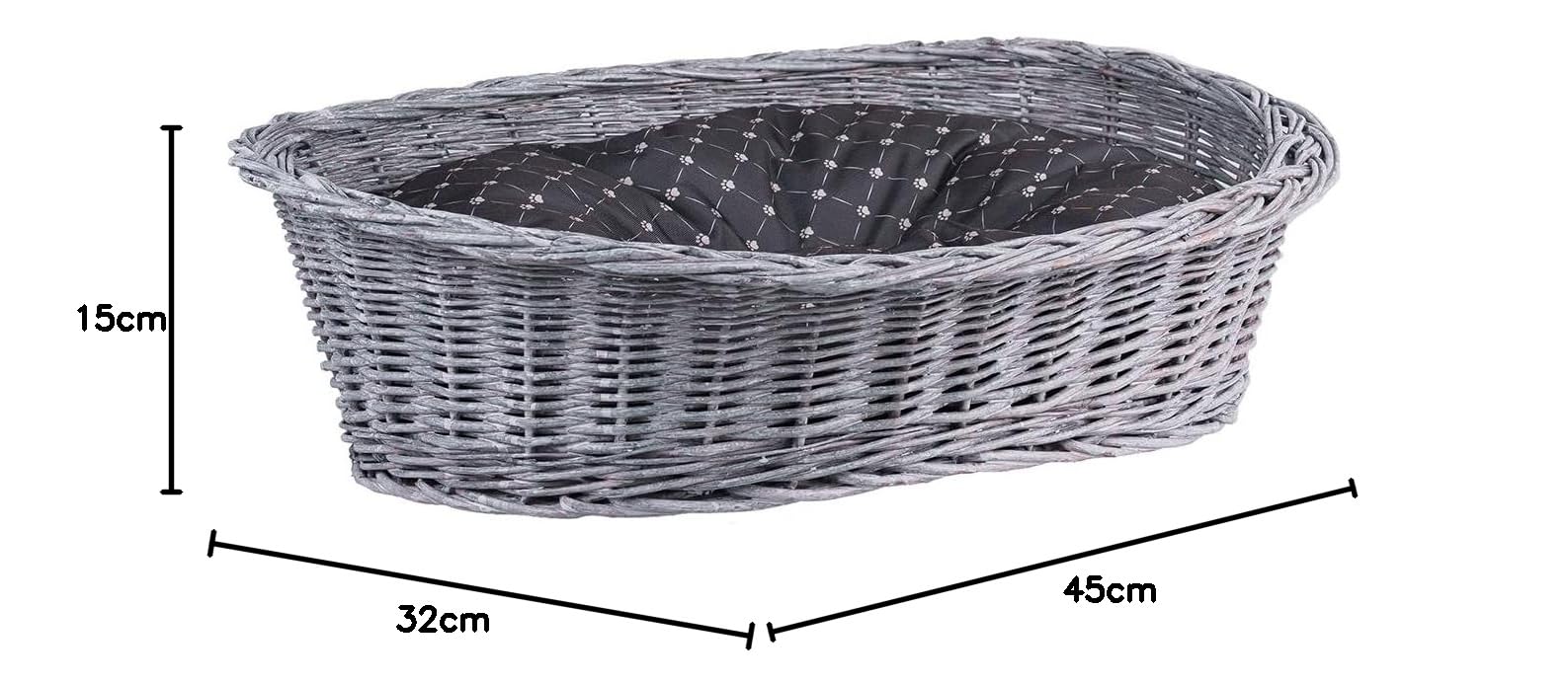 Cesta para perros de mimbre para perros y gatos, cama para perros y gatos, cama con cojín, cesta para animales trenzada, cesta para gatos (gris_negro, 80 x 60 cm, altura 26)