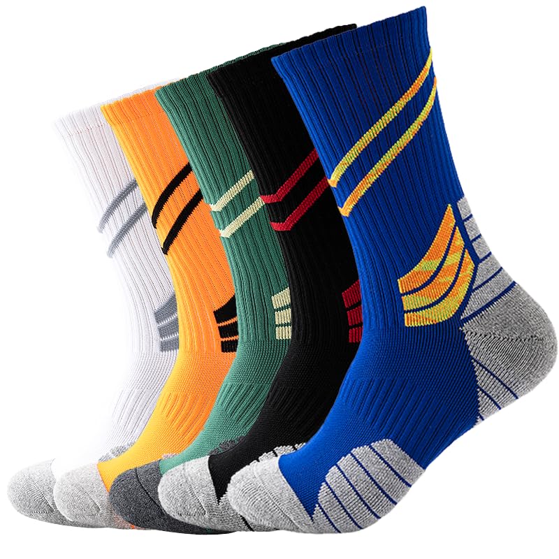 Men's 5 Pairs Mid-Crew Basketball Socks (Athletic Socks) – Polyester & Spandex, High Elastic, Breathable, Thickened Cushion, Non-Slip, Ankle Support, Moisture Wicking, Training Socks (Size 7-14)