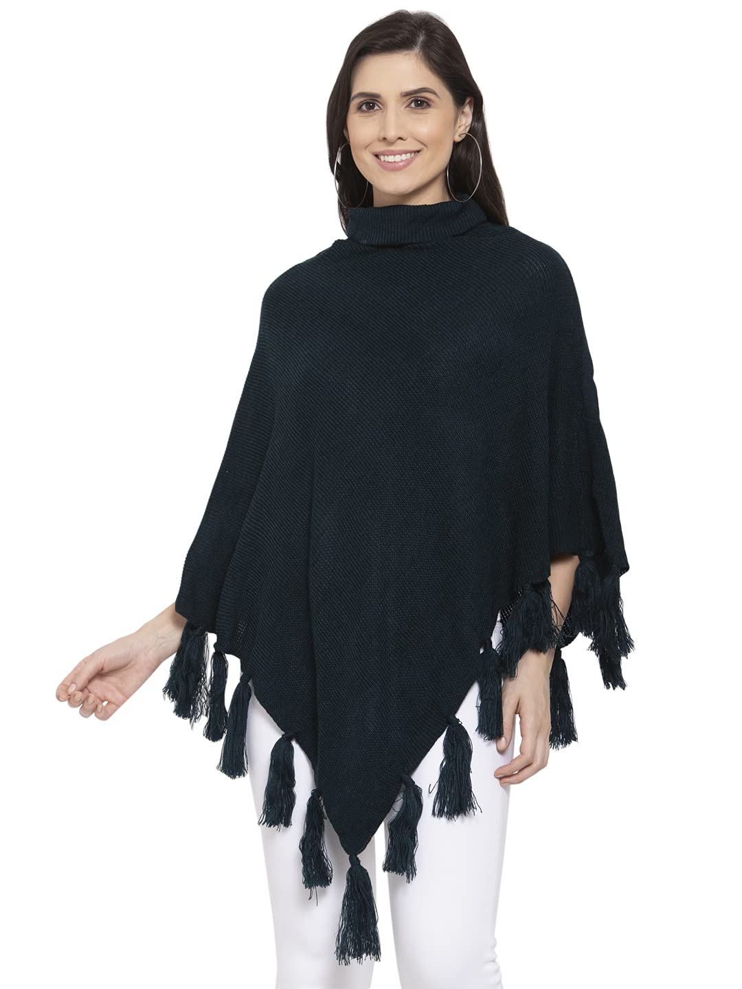 Style Quotient Women Teal Blue Poncho with Fringed Detail-image-20