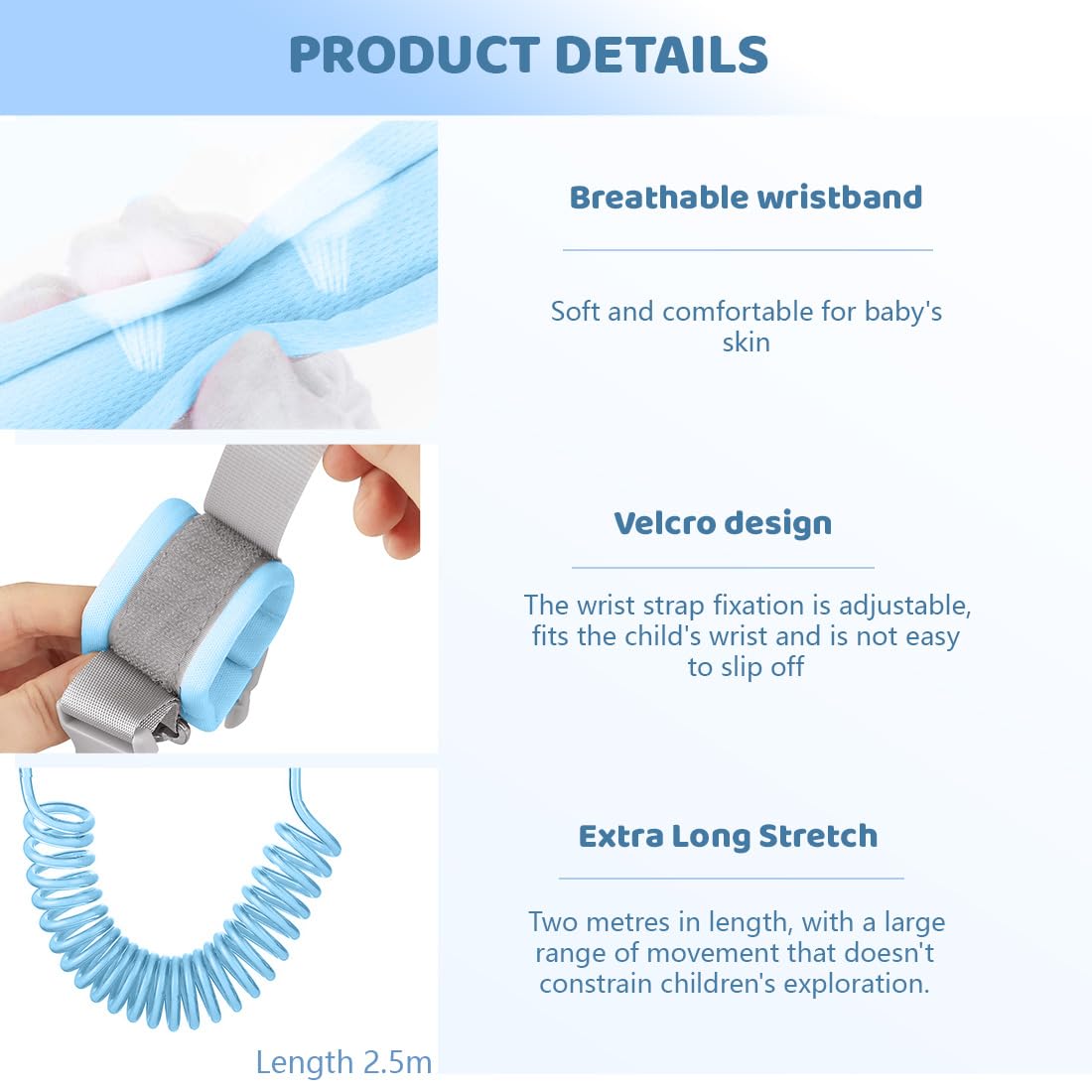 Guinzaglio per Bambini 2,5M Bracciale Sicurezza Antismarrimento Girevole 360° Blu