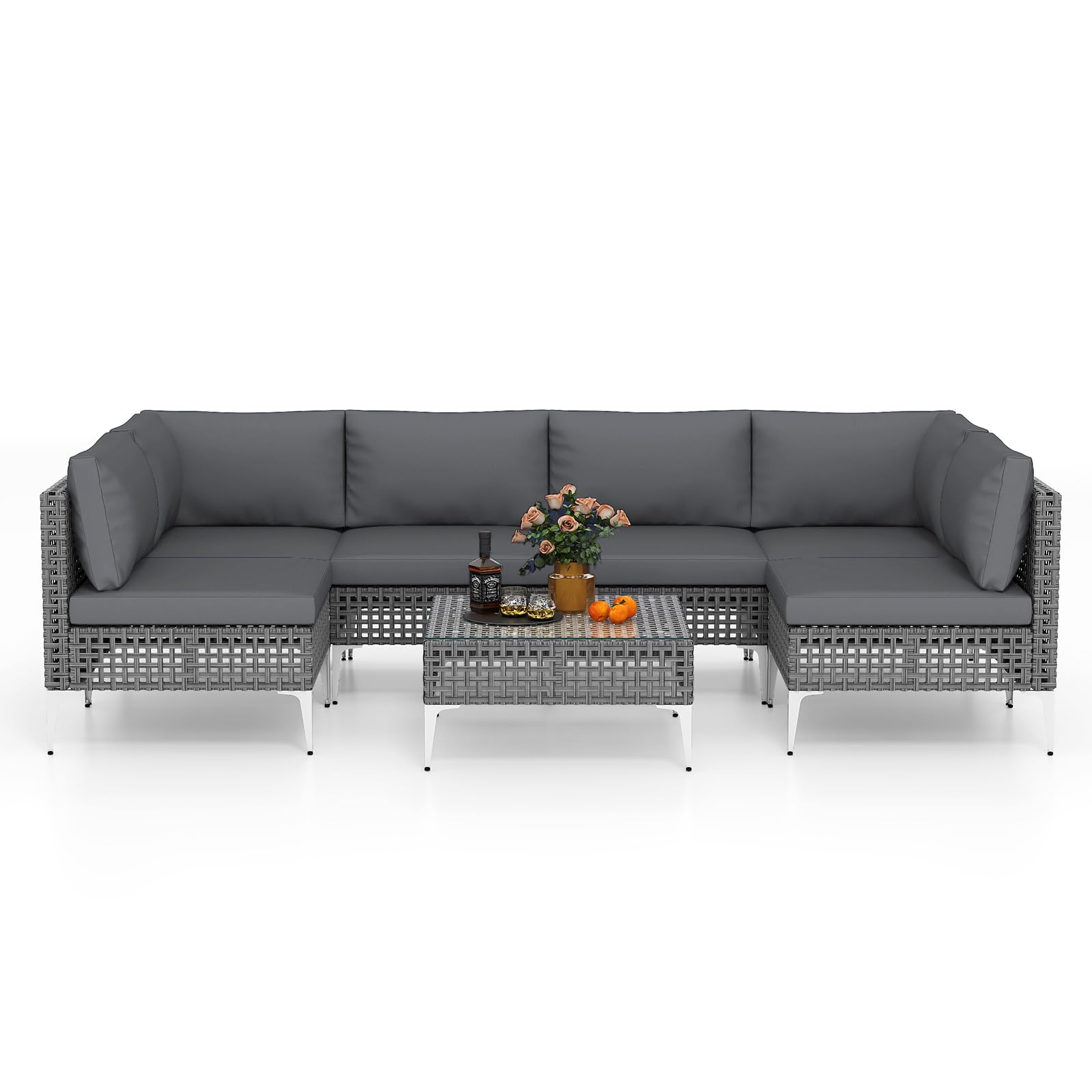 COSTWAY Lounge Möbel Outdoor, Rattan Gartenlounge mit Tisch und Kissen, frei kombinierbar, Gartenmöbel Set, Balkonmöbel, Terrassenmöbel, Sitzgarnitur, Sitzgruppe für Garten, Terrasse, Balkon
