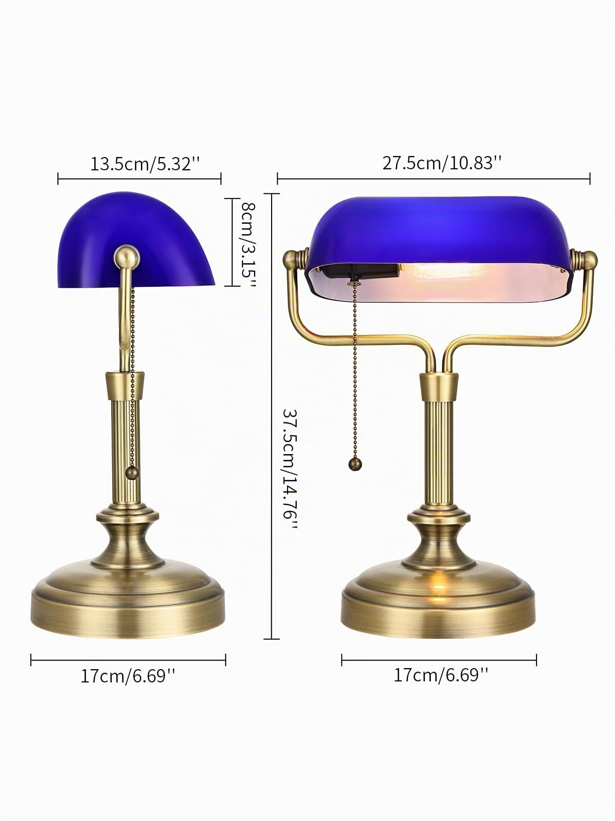 Banker Schreibtischlampe, Glasschatten, Vintage -Lampe mit Pull -Kettenschalter für Heimbüro, Klavierlampe (Antique Brass+Blue)