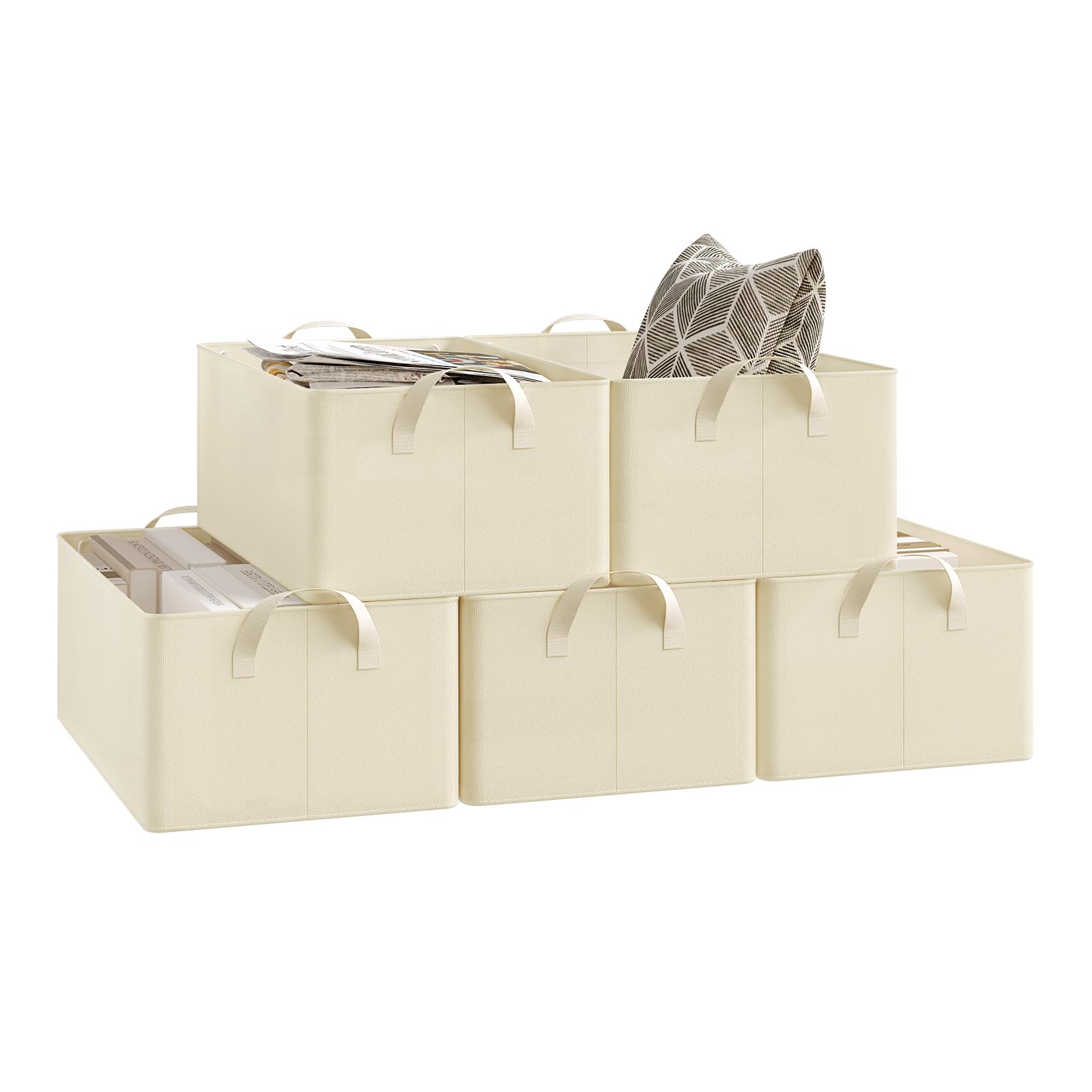 WOLTU ABB09cm-5-UK Foldable Storage Boxes Set of 5, Fabric Storage Cubes with Handles, Stacking Boxes for Clothes and Toys, Cream, 47 x 28 x 20 cm