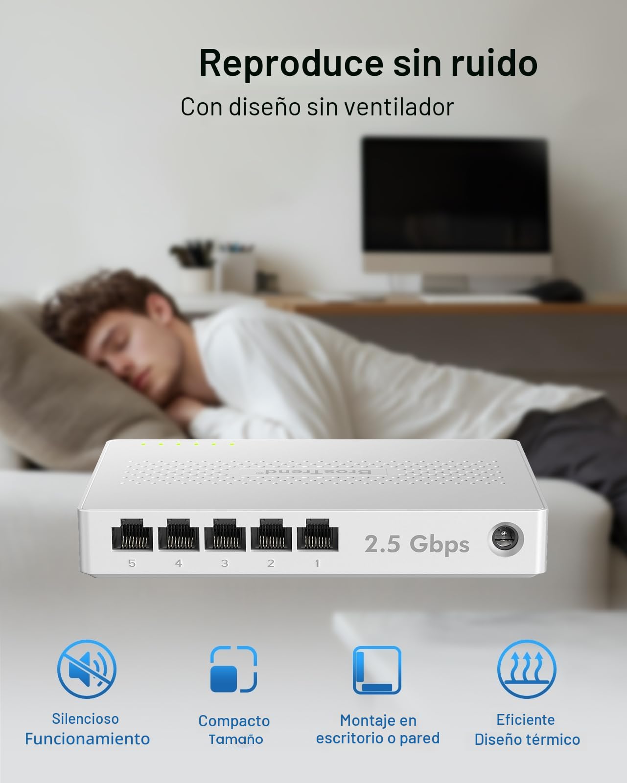 BrosTrend Switch Ethernet 2.5Gb 5 Puertos, no Gestionado Switch Red sin Ventilador, 2,5G Conmutador Gigabit para Videoconsola, PC, NAS, Plug & Play, Montaje en Escritorio o Muro, Vida ÚTI Protección