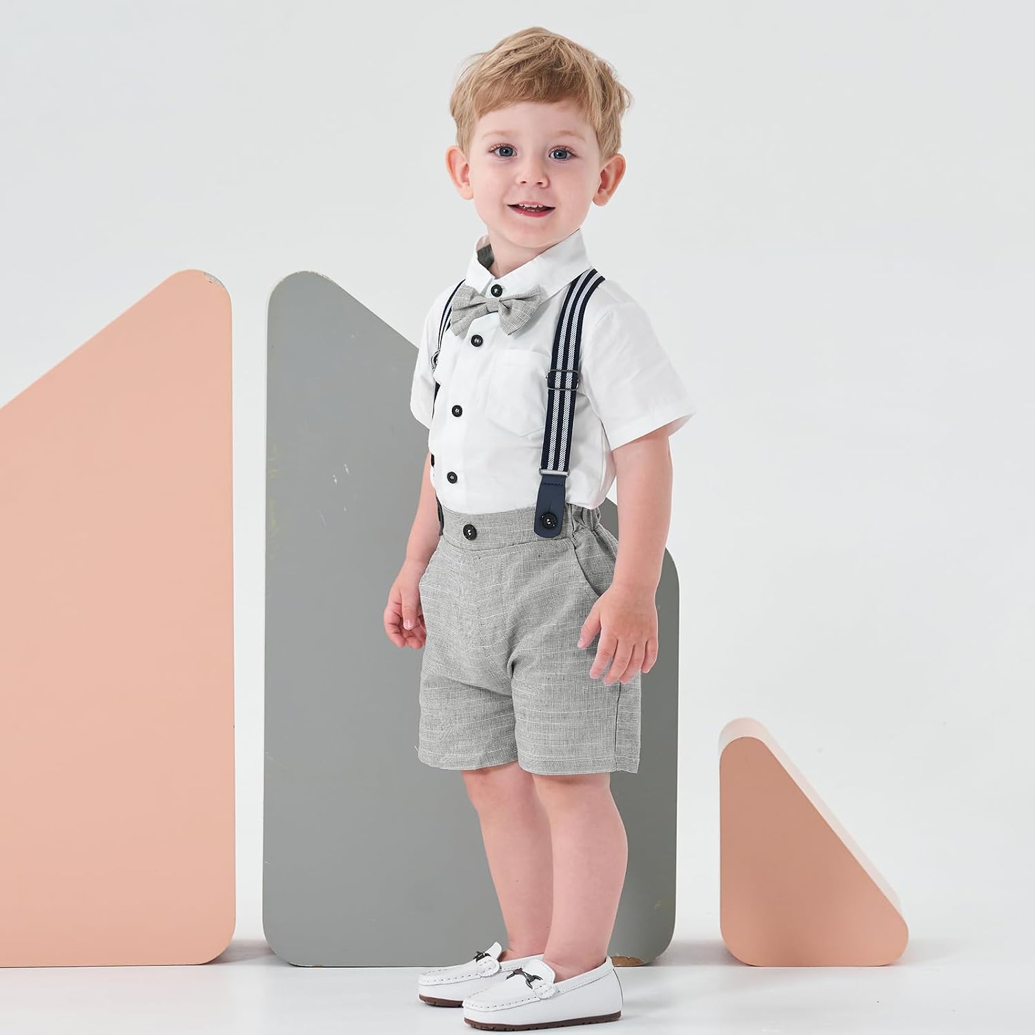 Volunboy Baby Boy Formal Short Set Toddler Summer Gentleman Outfit Kid Short Sleeve Bowtie Shirt Suspender Shorts Suit