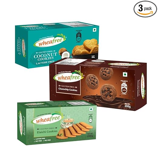 Wheafree Gluten Free Cookies Combo Elaichi + Coconut + Chocochips Cookies (Pack of 3 x 200g) | Tasty, Crunchy and Crispy | No Maida | 100% Vegetarian and Wholesome Ingredients