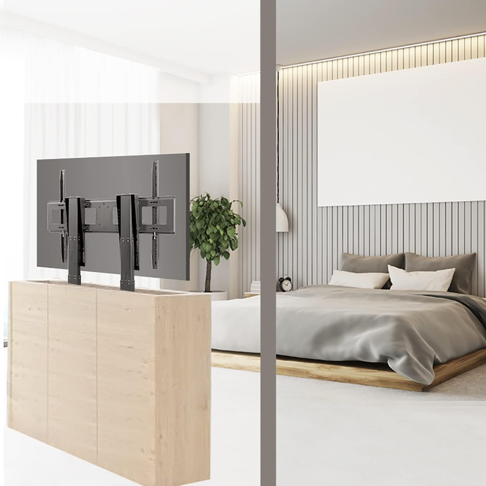 THEGA Sollevatore TV motorizzato con Telecomando - Corsa di Sollevamento a 2 Motori 150cm, Supporto TV Regolabile elettricamente in Altezza, per TV da 55-120 Pollici Fino a 130kg