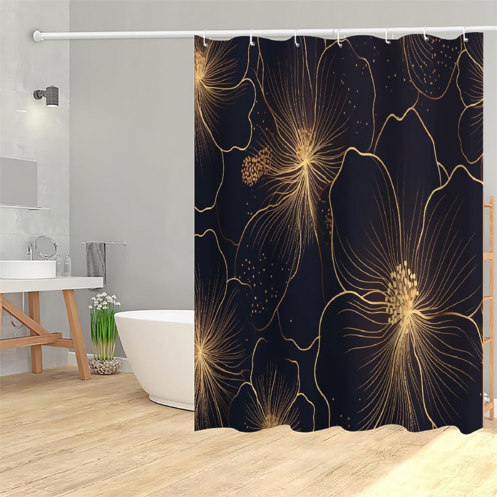 Golden Abstract Flowers 3D Print Shower Curtains, Shining Light Point Pattern Shower Curtains Set, 71” W x 71” L, Bathroom Home Decor Waterproof Fabric Machine Washable with 12 Pcs Hooks