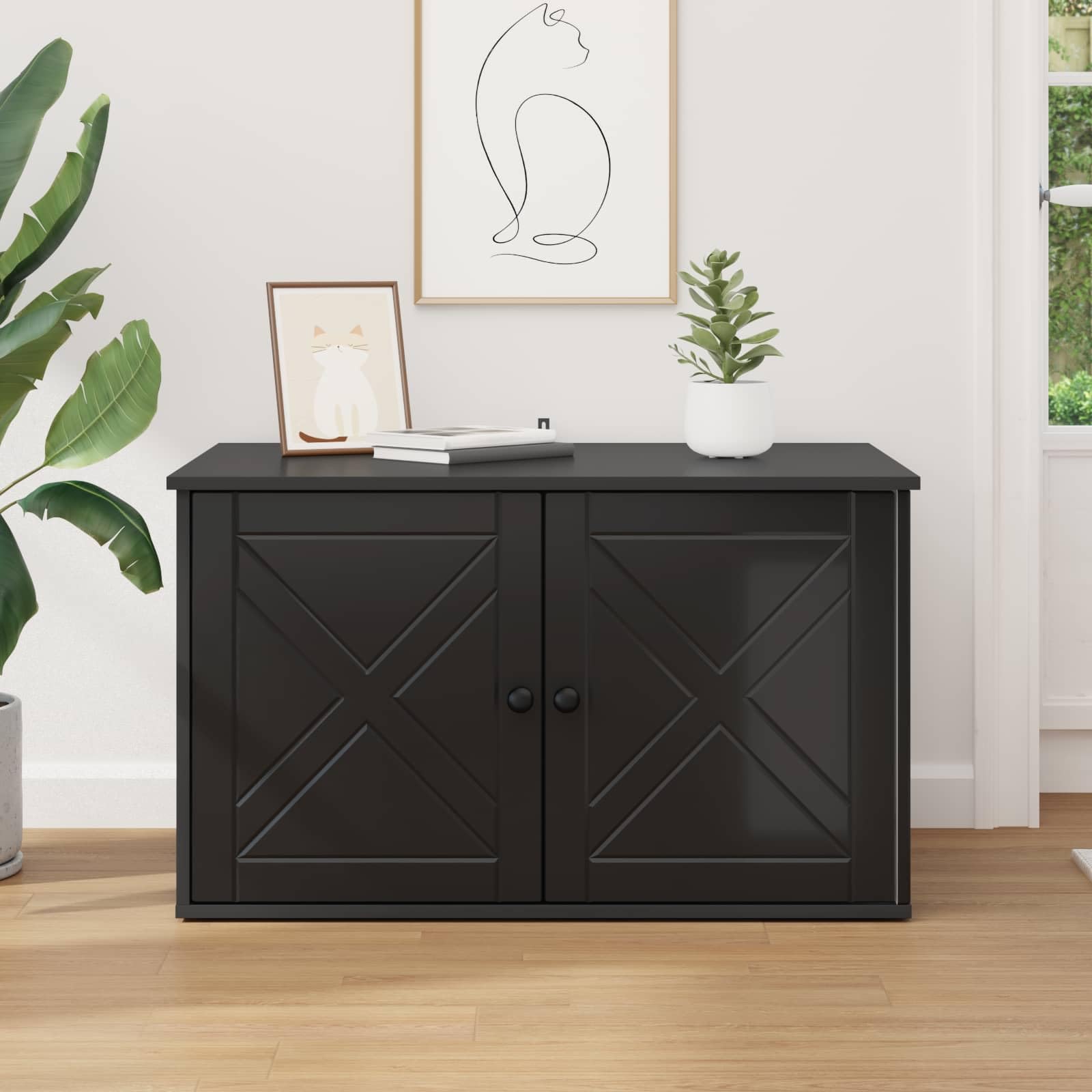 Domek dla kotów, czarny, z materiału drewnopochodnego, 85 x 55 x 50,5 cm, stabilne miejsce do odpoczynku dla kotów, idealny jako miejsce odpoczynku w salonie, sypialni lub w pomieszczeniach