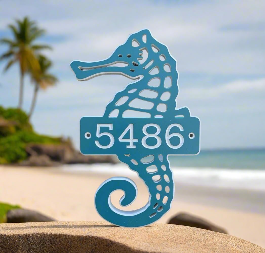 Custom PVC Address Sign- Carved and Painted House Number With Seahorse Design, Outdoor, Weatherproof, Durable, Beach, Coastal, Ocean, Street