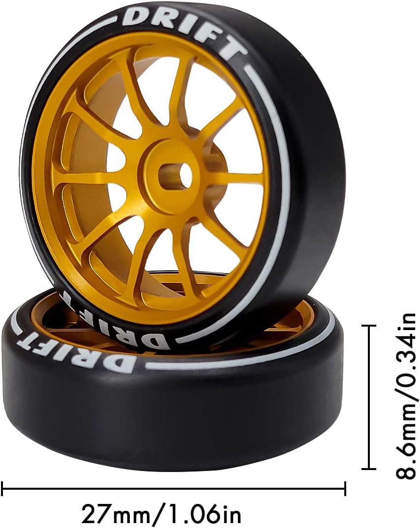 10 Spoke Rc Drift Wheels &Tires for 1/24 1/28 Wltoys, [2N+2W] 4 Pcs Aluminum Alloy Rims with Rc Drift Car Tires for 1/24 1/28 Mini-Q HGD1 HGV1 Upgrade Parts (Gold with Logo Tires)