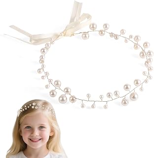 Pearl Headpiece for Girls, Delicate First Communion Headdress Pearl Headband Flower Girl Hair Accessories for Birthday Wedding Engagement Communion Party