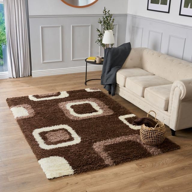 Bravich Small Brown Beige and Ivory Cube Boxed Pattern Geometric Square Design Mix Thick Shag 5cm Super Soft High Deep Pile Shaggy Area Rug/Living Room Rug Carpet 60x110 cm (2ft x 3ft7) — image 1