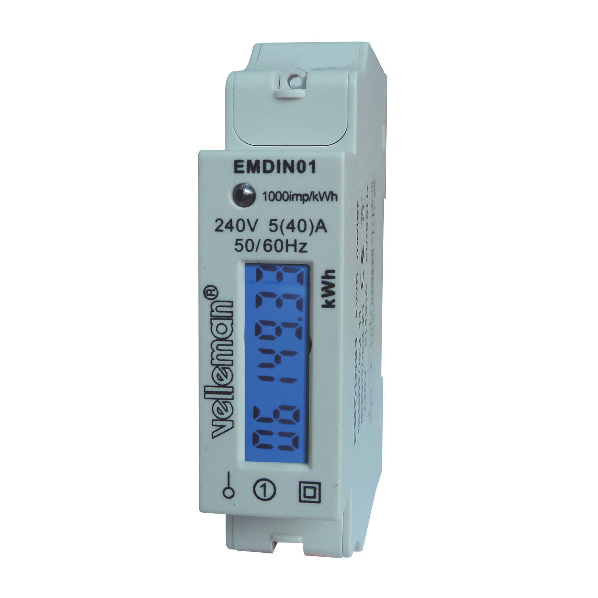 Velleman Compteur d'énergie monophasé, compteur électrique monophasé, delesteur electrique monophasé, compteur énergie, kWh, montage rail DIN, affichage LCD, LED, max. 40 A
