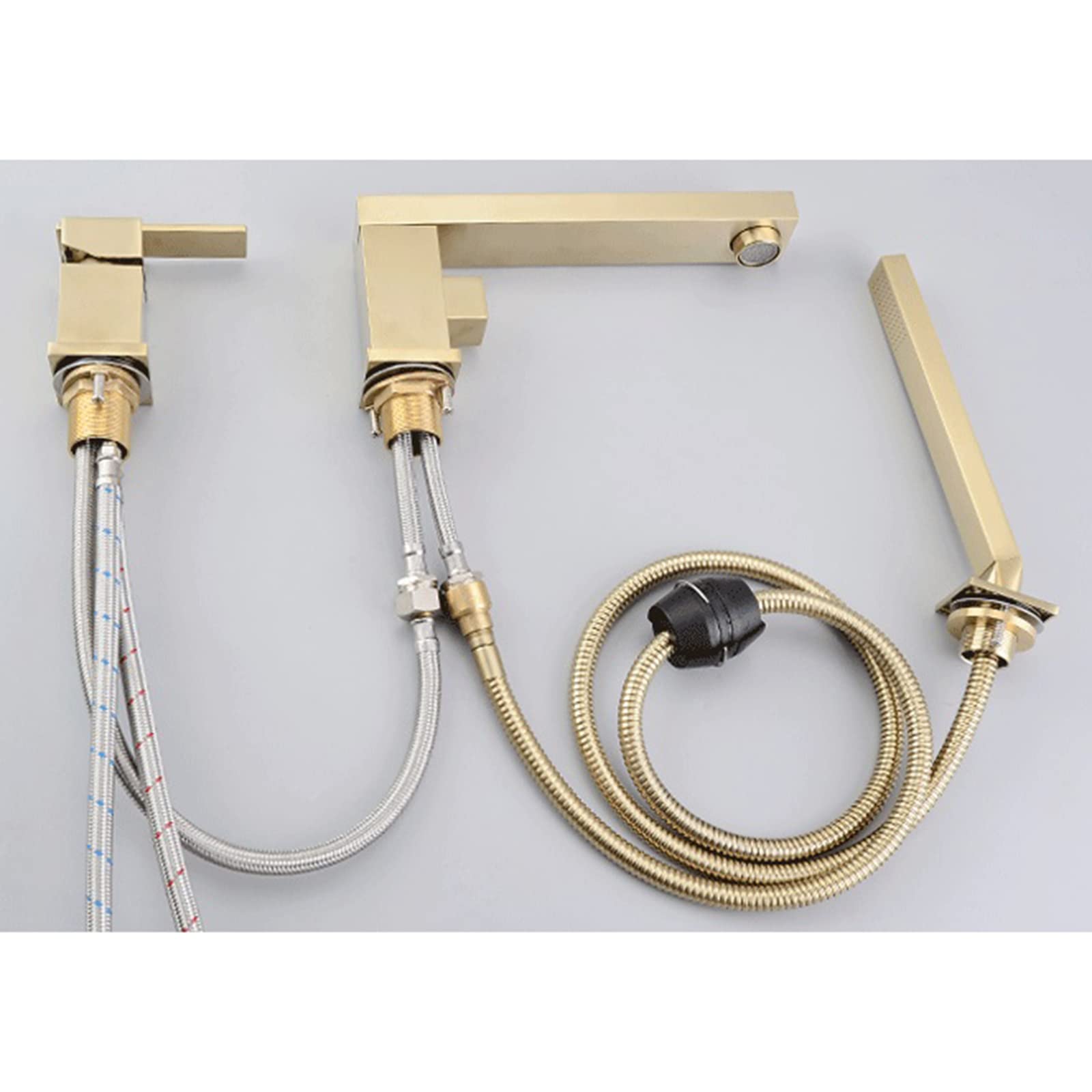 Grifo Mezclador de Ducha de baño de 3 Orificios con Ducha de Mano, Cabezal de Ducha y Juego de Manguera para grifos de baño, Oro Cepillado