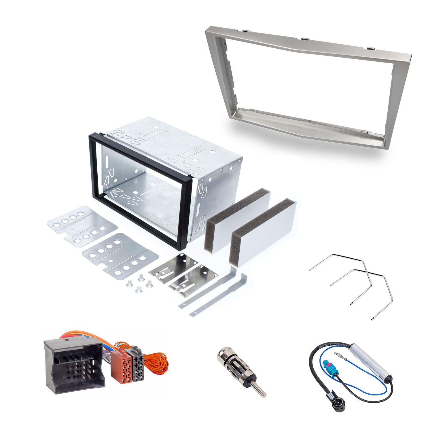 Audioproject A452 - Cache-Radio Set Double DIN Compatible avec Opel Corsa D Astra H Zafira B Tigra Antara Vivaro 2-DIN métal encastré Adaptateur Radio Adaptateur d'antenne argenté