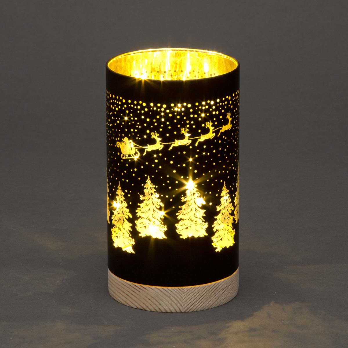 Shatchi Black 23Cm Christmas Decorated Vase Table Lamp Etched Glass Tube Santa Sleigh Scene Cylinder Led Fairy Lights Battery Operated