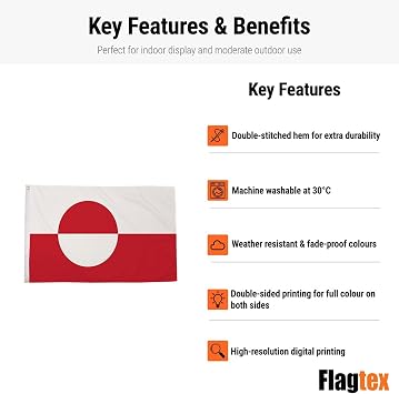 Greenland Flag 3ft x 2ft Small Flag 90cm x 60cm | Premium Woven Polyester with Brass Eyelets | Indoor Outdoor Garden Decoration Wall Hanging Display | Arctic Territory National Banner