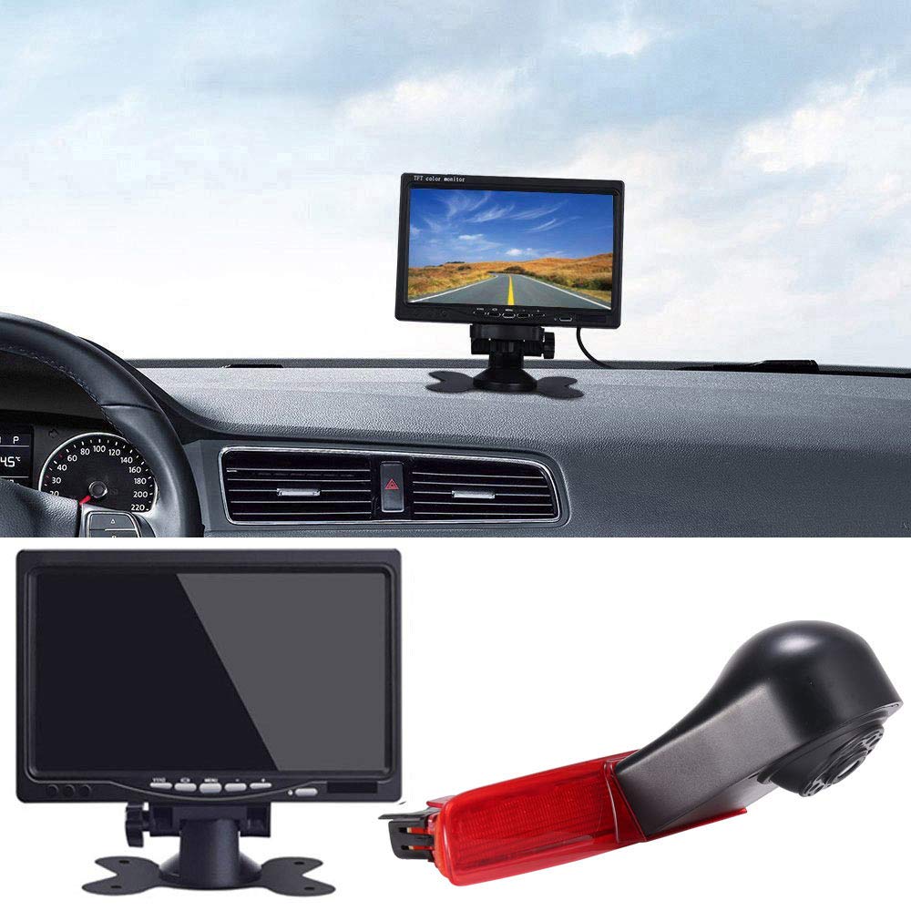 Monitor TFT de 7 pulgadas + 1280 x 720 píxeles 1000 líneas TV cámara de marcha atrás T5 Auto Tercer Montaje en el techo Luz de freno Cámara de marcha atrás para Transporter VW T5 Multivan T6 Caravelle