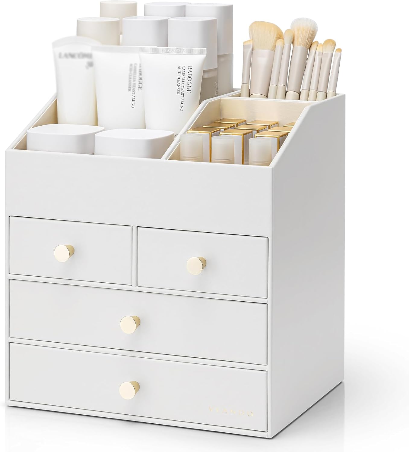 Vlando Makeup Organizer Countertop,Large Vanity Organizer PU Leather Make up Storage with 4 Drawers Skin care Organizer Cosmetic Display Case for Lipstick,Brushes,Bedroom-White 4 layers-White