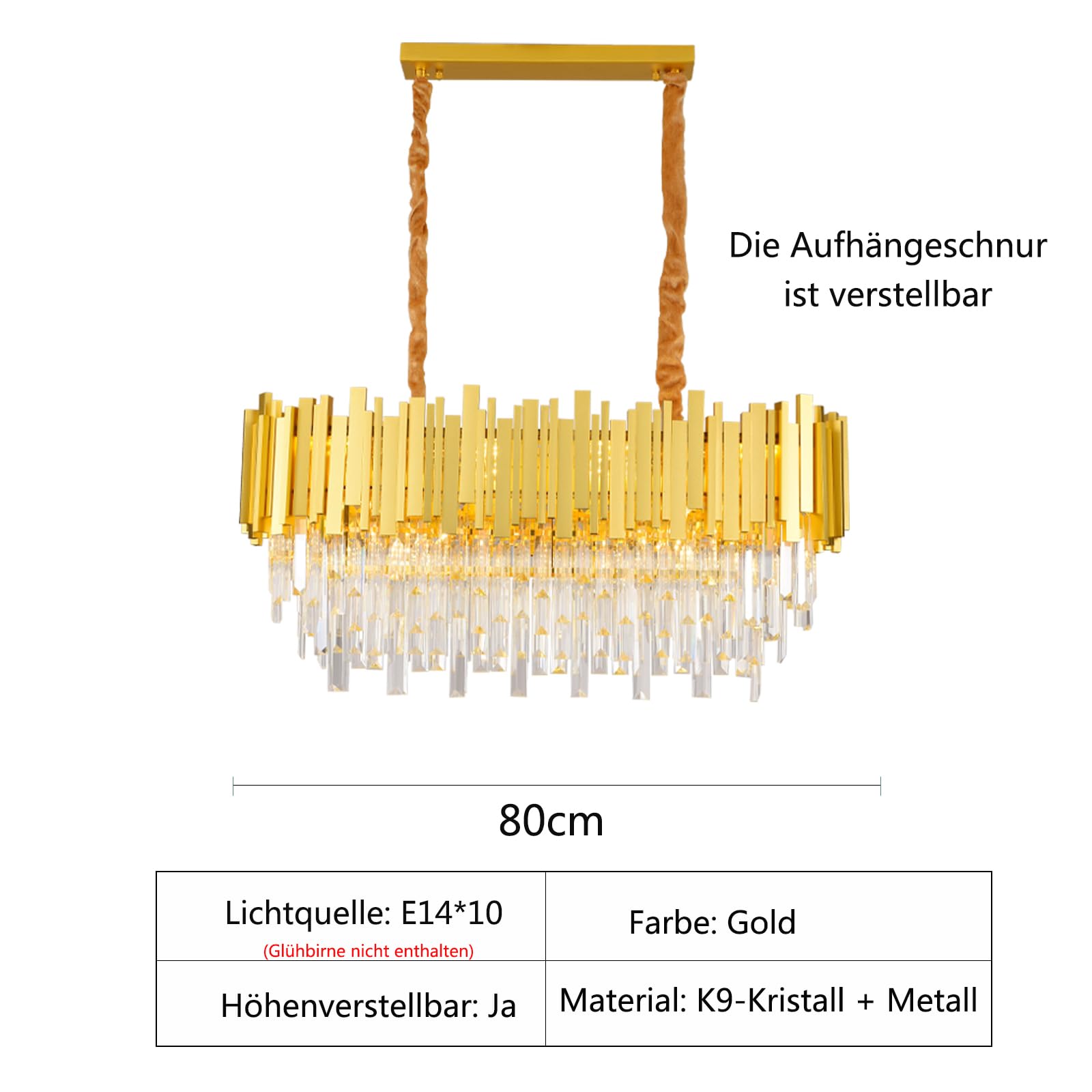 Lampadario di cristallo moderno,E14 x 10 luci Pendant a pendolo,Lampadario a Cristalli Rotondi,per la sala da pranzo, cucina, soggiorno, camera da letto, corridoio, caffè, bar(80 * 30 Cm,Oro)