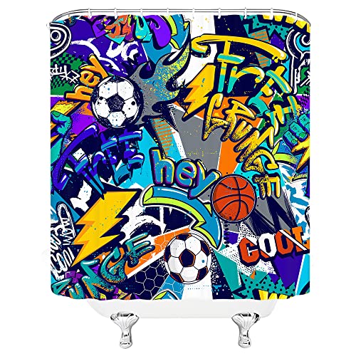 Vpupcn Sports Shower Curtain For Boys Teens Basketball Football Game Abstract Art City Street Colorful Graffiti Creative Grunge Hip Hop Polyester Curtains Bathroom Decor With Hooks 70Wx70H Inch #TOP1