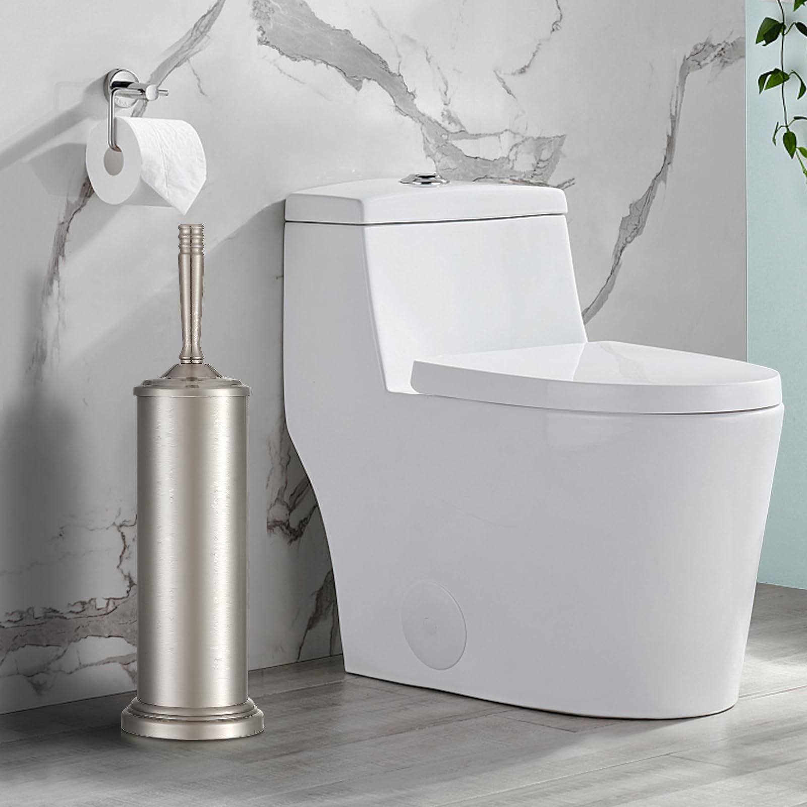 Escobilla de inodoro y soporte de acero inoxidable de níquel satinado, cepillo de inodoro con mango largo para baño, cepillos de inodoro, ahorro de espacio, cepillo cubierto, duradero, limpieza