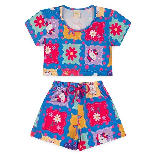 Conjunto Verão Menina Infantil Cropped e Shorts Unicórnio
