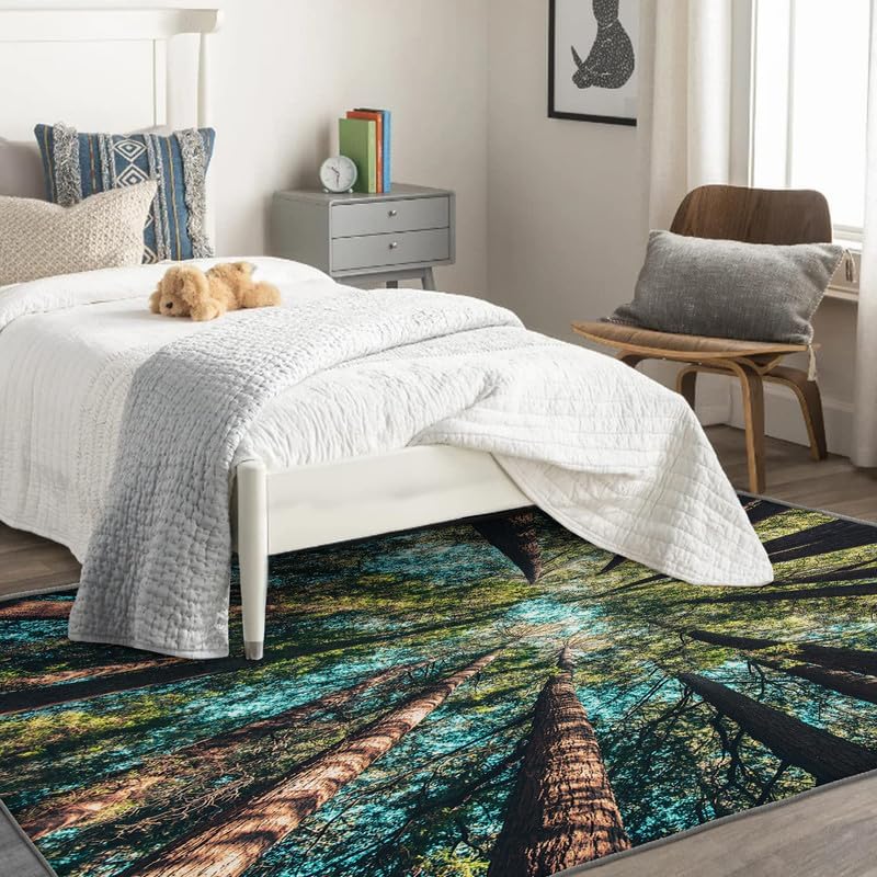 Miniatura 3 de Alfombras de bosque para dormitorio, sala de estar, techo de árbol, alfombra de 4 x 5 pies, lavable, antideslizante, suave, alfombra de pelo bajo,